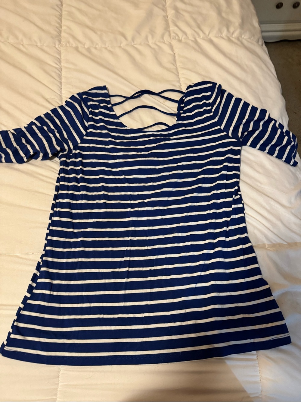Striped Navy and White Women’s Scoop Neck Top with Back Strap Detail